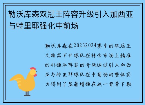 勒沃库森双冠王阵容升级引入加西亚与特里耶强化中前场